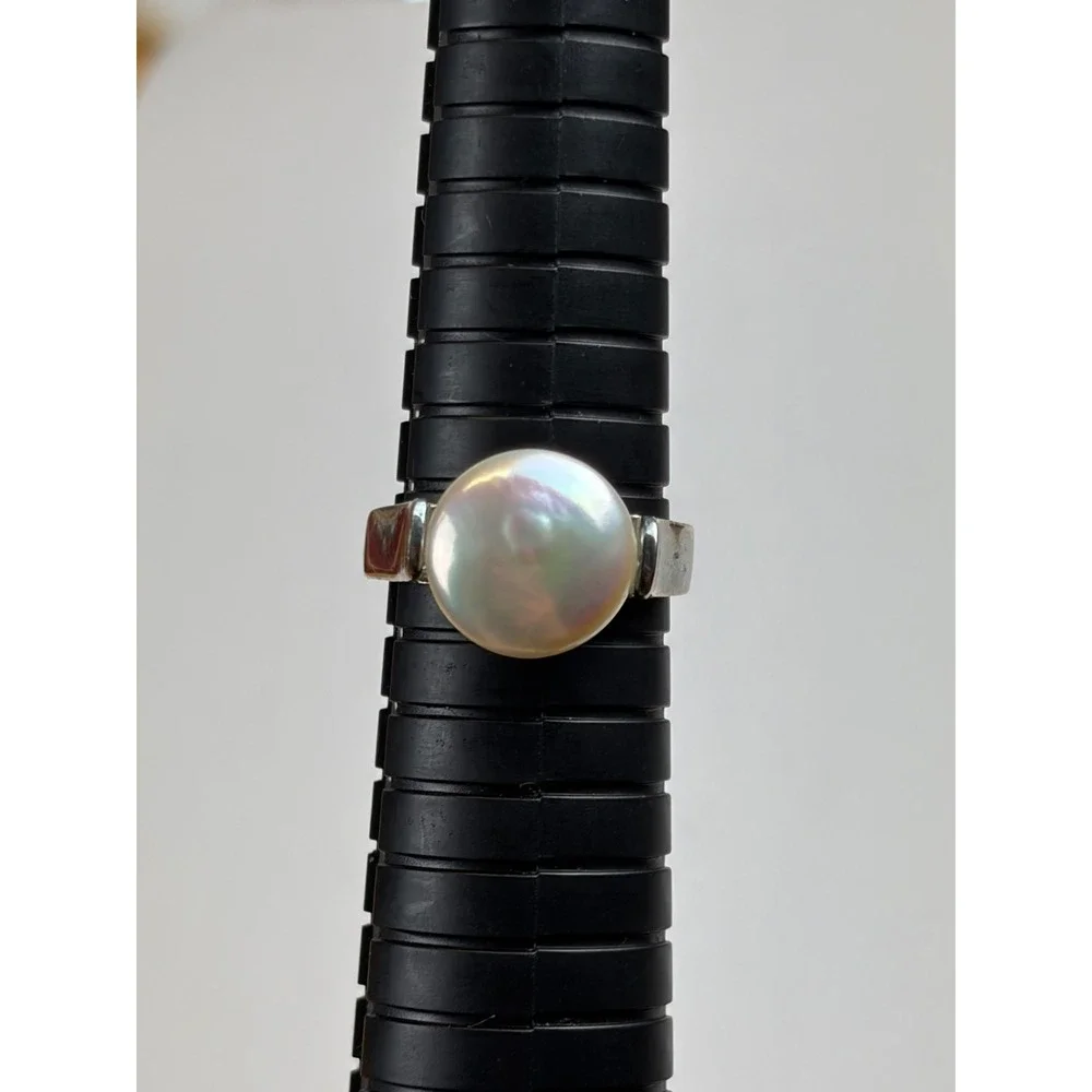 LUC Pearl Ring Sz 8.5 Silver 925 Sterling Iridescent Modernist Solitaire Lucoral